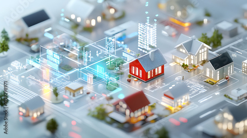 Smart city model with houses and digital elements showcasing urban planning