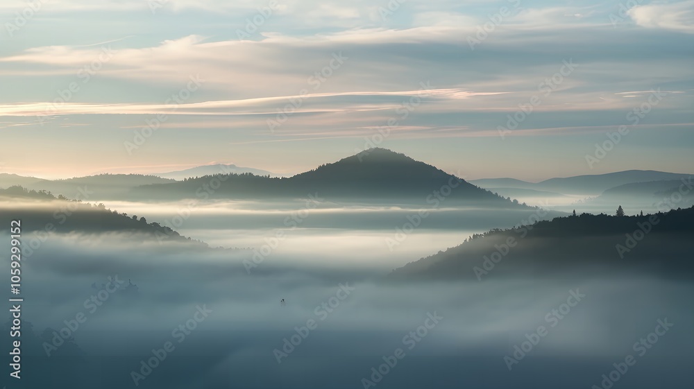 Sunrise Over Misty Mountains A Tranquil Scene with Rolling Clouds and Green Hills