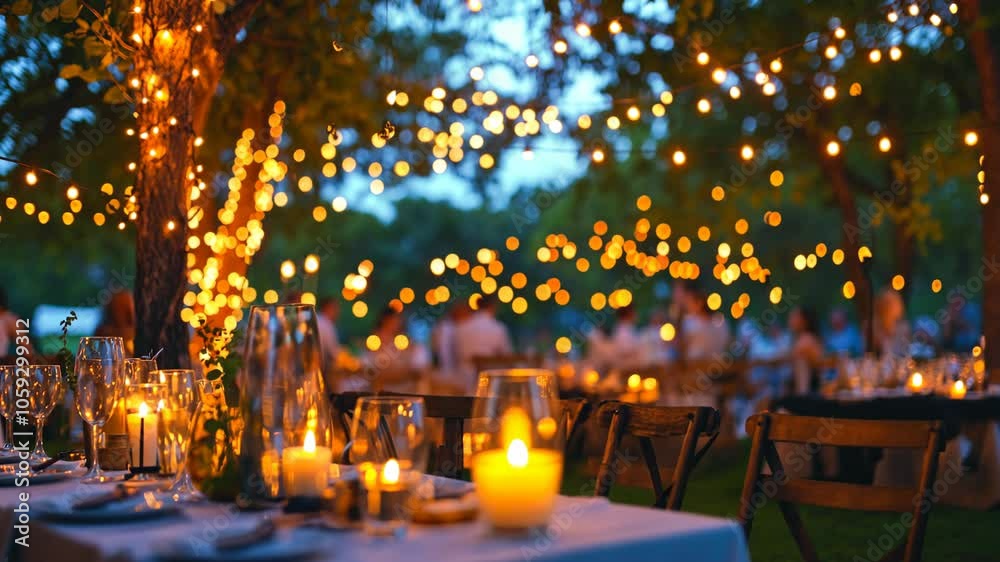 A table is set for dinner in the evening, with string lights strung through the trees overhead A table is set for dinner in the evening, with string lights strung through the trees overhead