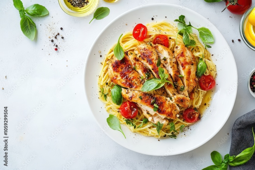 Tasty chicken piccata presented on a white table overhead view Tasty chicken piccata presented on a white table overhead view