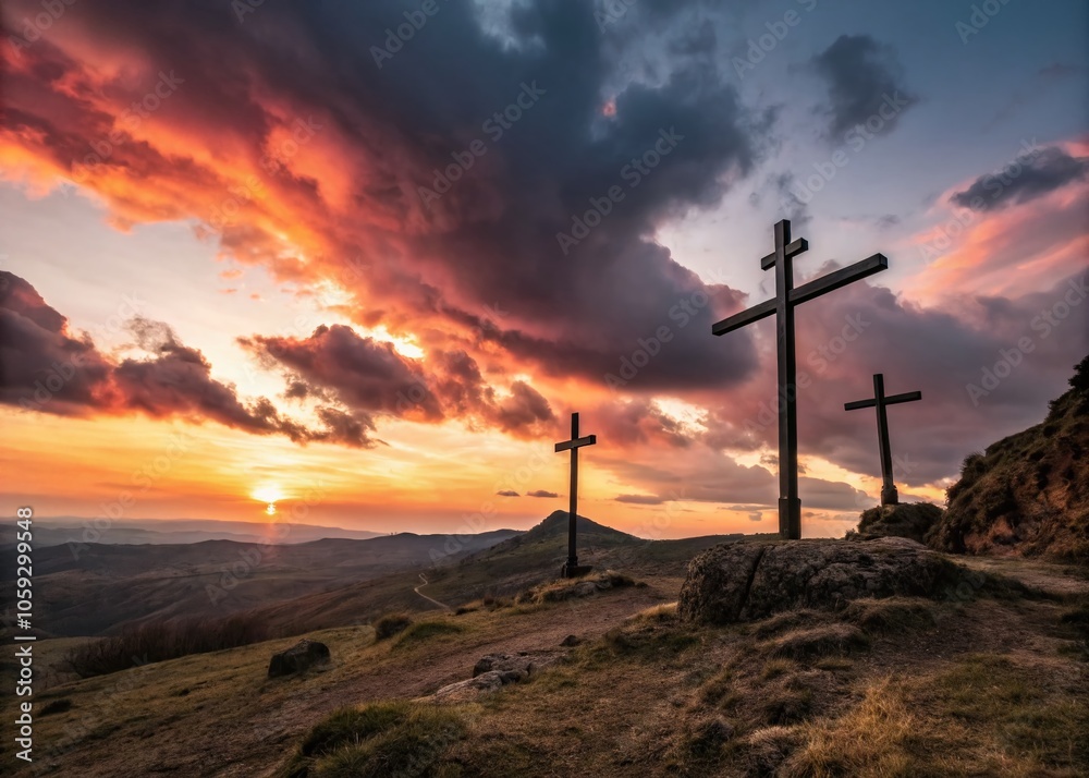 Obraz premium Crosses on Calvary - Panoramic Landscape of Faith and Redemption