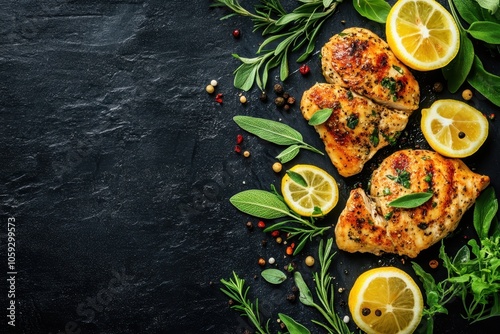 Tasty chicken piccata with herbs and lemon on dark table photo