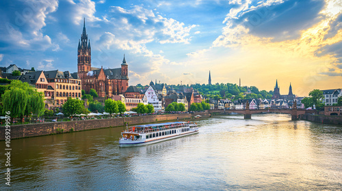 sunset over the rhine river in mainz germany with boat and bridge