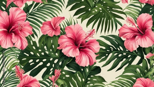 Vibrant floral pattern featuring pink hibiscus flowers and lush green leaves.