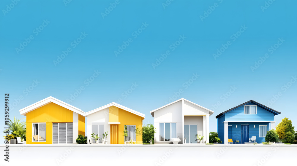 Brightly colored houses in row against clear blue sky, showcasing modern architecture