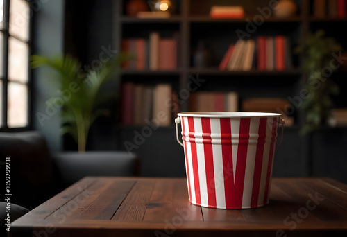 Popcorn box on a table at nigjt photo