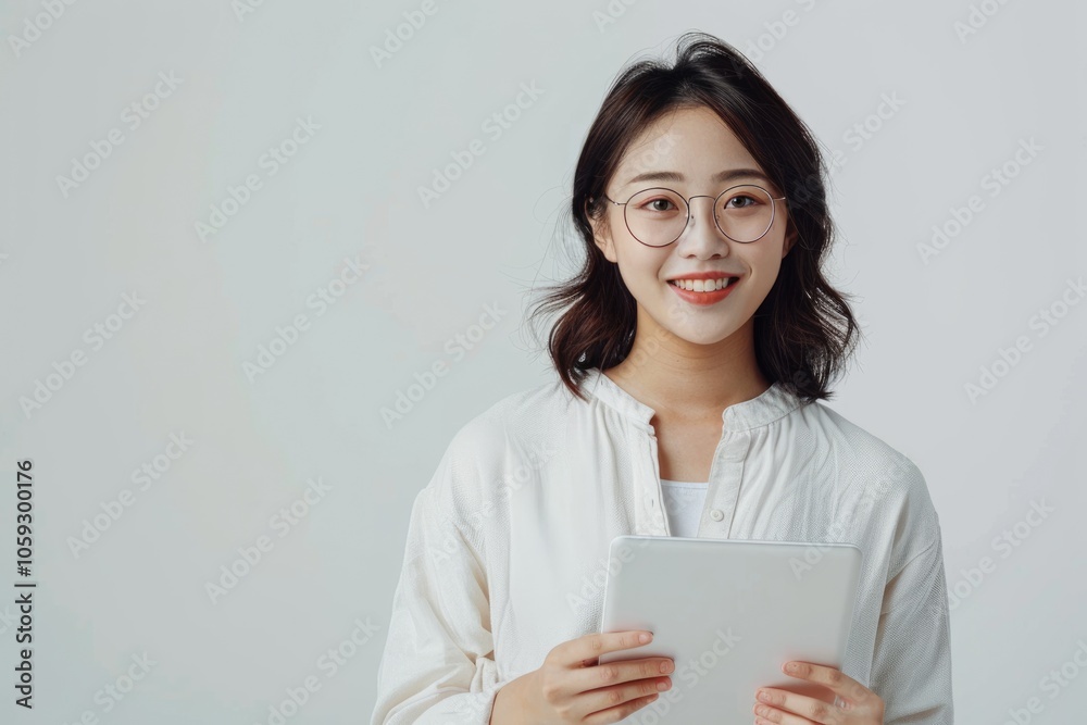 Smiling Asian woman holding digital tablet in office. Smiling Asian woman holding digital tablet in office.