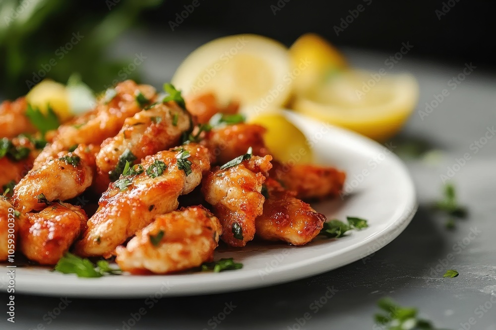 Tasty lemon chicken piccata on a grey table zoomed in Tasty lemon chicken piccata on a grey table zoomed in