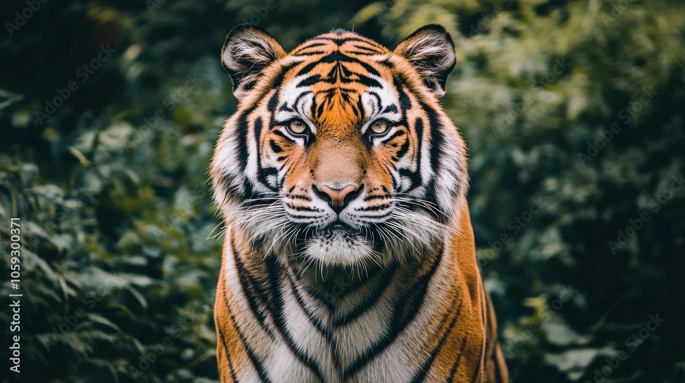 Fototapeta premium A tiger is staring at the camera with its mouth open. The tiger is in a green forest with lots of foliage