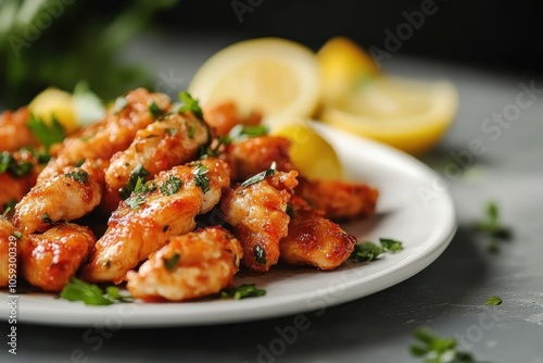 Tasty lemon chicken piccata on a grey table zoomed in photo