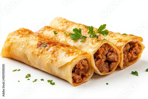 Tasty meat filled cannelloni on a white backdrop