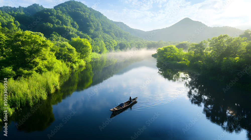 serene boat tour on calm river surrounded by lush greenery and mountains serene boat tour on calm river surrounded by lush greenery and mountains