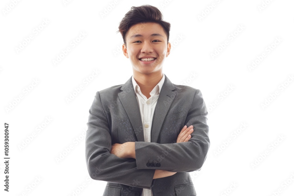 Photo of an Asian businessman standing with his arms crossed and smiling on a white background Photo of an Asian businessman standing with his arms crossed and smiling on a white background