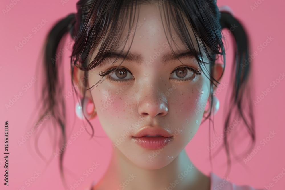 Portrait of young Asian woman with pigtails on pink background.