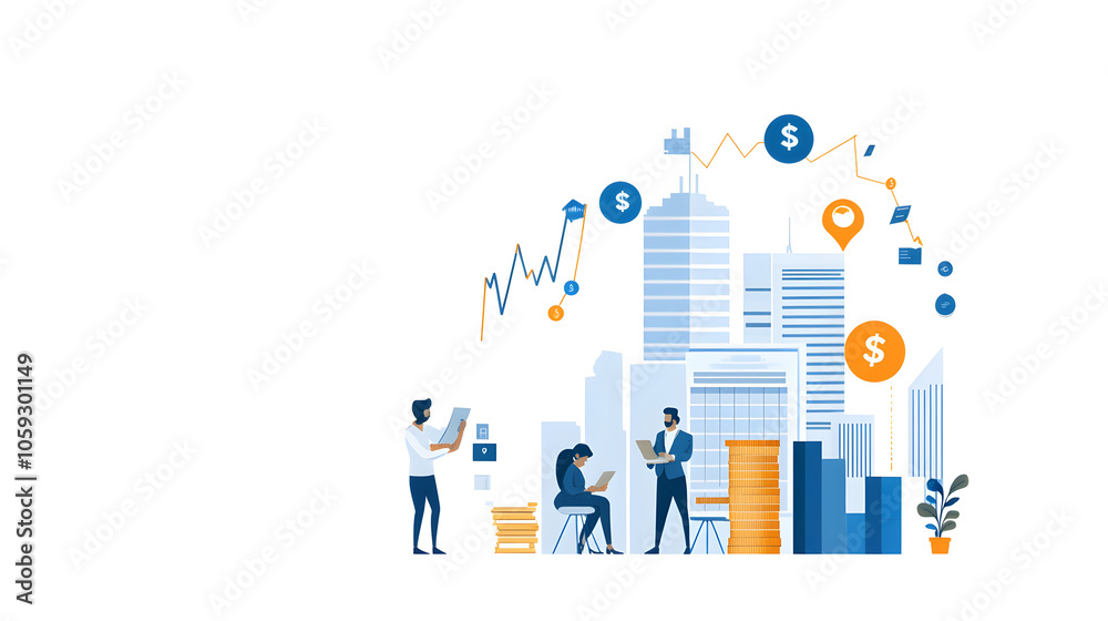 Investment potential illustrated with people, buildings, and money symbols Investment potential illustrated with people, buildings, and money symbols