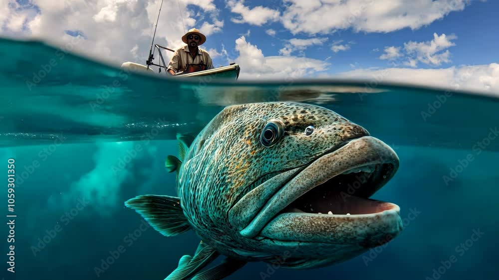 From the underwater view of a large oceanic grouper and a fisherman in a boat. A man fishes in the sea with a fish on a hook. Fishing goods.