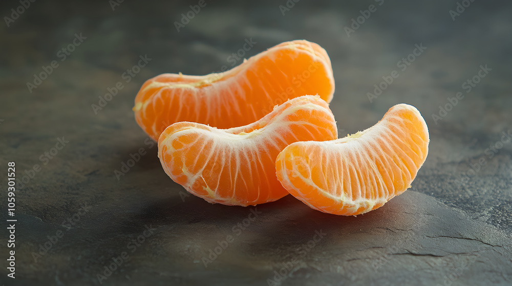 Fresh orange fruit segments arranged on dark surface, vibrant and juicy Fresh orange fruit segments arranged on dark surface, vibrant and juicy