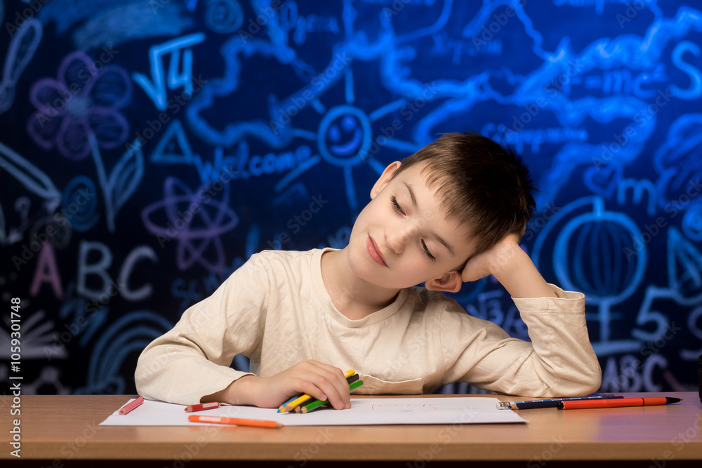 Kid drawing with colored pencils on paper, with a background of educational chalkboard doodles. Great for themes of childhood creativity, learning, and school activities. Kid drawing with colored pencils on paper, with a background of educational chalkboard doodles. Great for themes of childhood creativity, learning, and school activities.