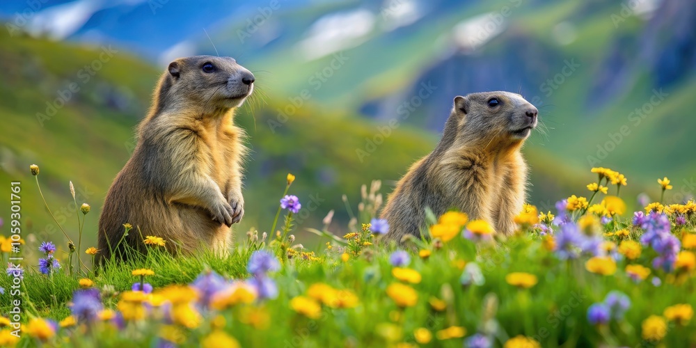 Marmots on the mountain meadow with flower field in summer, marmots, alpine, meadow, flowers, summer, wildlife Marmots on the mountain meadow with flower field in summer, marmots, alpine, meadow, flowers, summer, wildlife