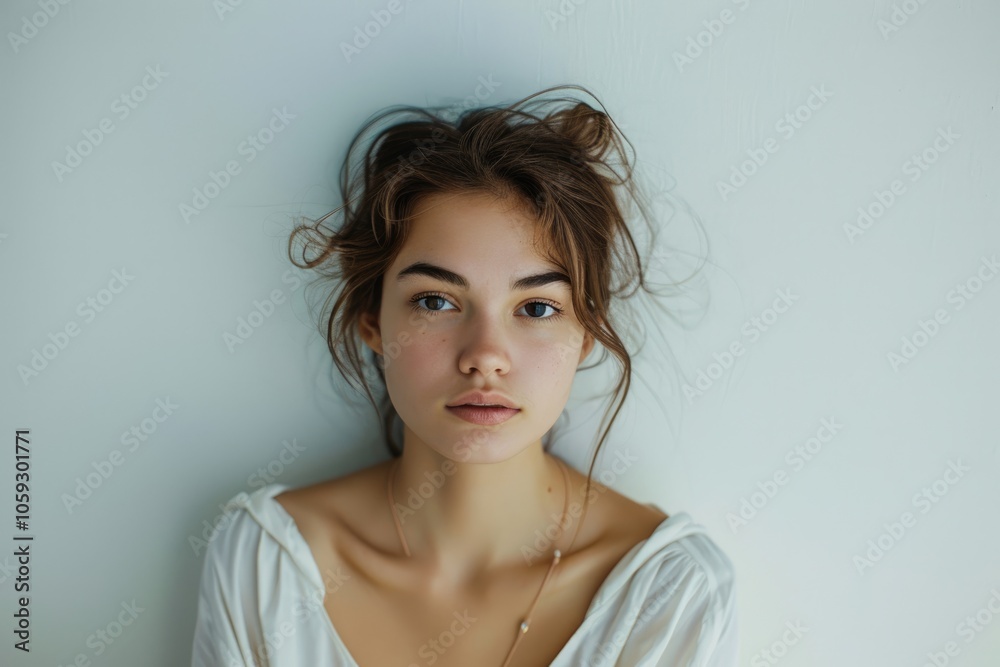 Portrait of middle woman in front of white wall Portrait of middle woman in front of white wall