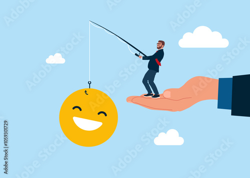 Businessman catching smile face money on fishing rod. Happiness and positive thinking, optimism or motivation to live happy life concept. Modern flat vector illustration.