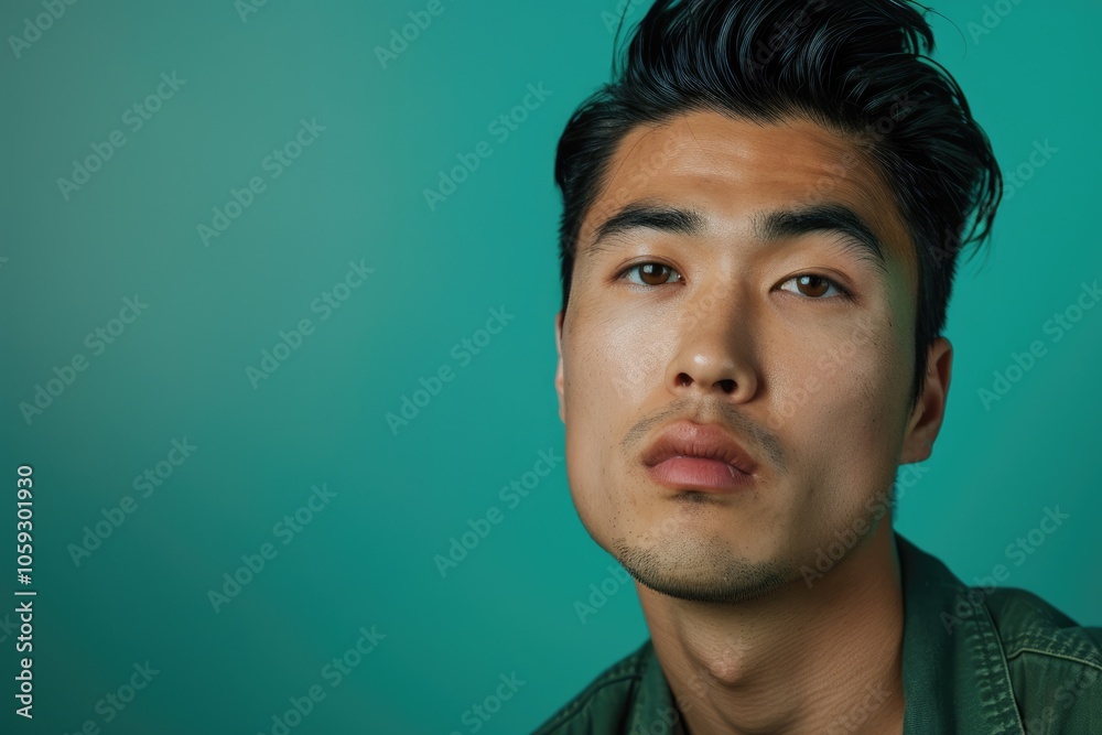 Portrait of young Asian man posing on green background