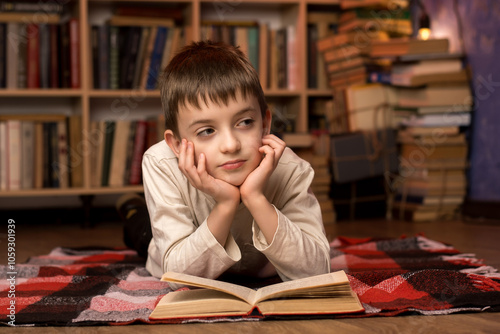 Wallpaper Mural Thoughtful boy lying on a plaid blanket in a cozy library, daydreaming with an open book, surrounded by warm atmosphere and stacks of books. Torontodigital.ca