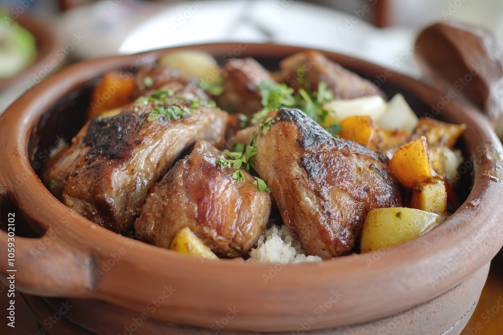 The Arequipeño Adobo de Chancho is a clay pot dish of marinated pork served with vegetables and spices The Arequipeño Adobo de Chancho is a clay pot dish of marinated pork served with vegetables and spices
