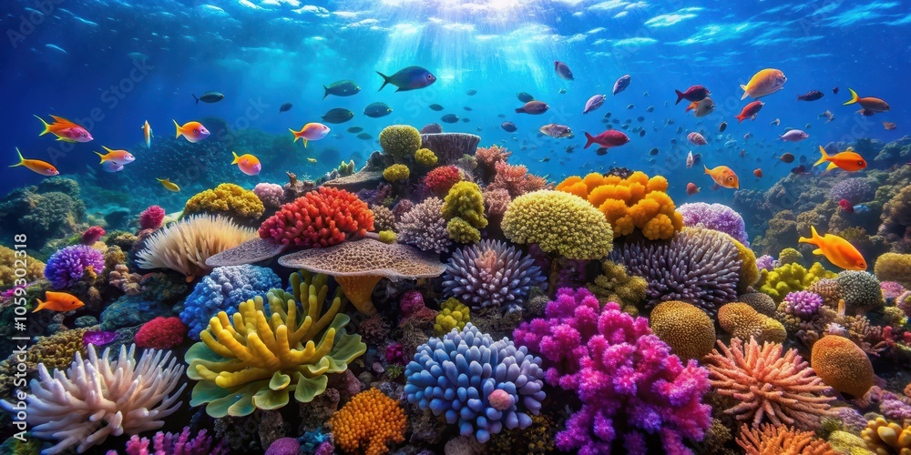 Naklejka premium Vibrant and diverse coral reef ecosystem in the sea, marine life, colorful, underwater