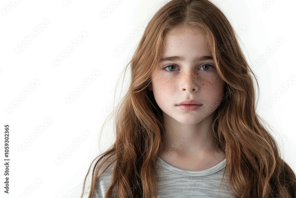 Portrait of young girl with long hair standing isolated on white background Portrait of young girl with long hair standing isolated on white background