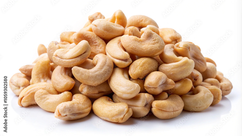 Natural pile of cashew nuts, isolated on white background, ideal for food and nutrition themes. Natural pile of cashew nuts, isolated on white background, ideal for food and nutrition themes.