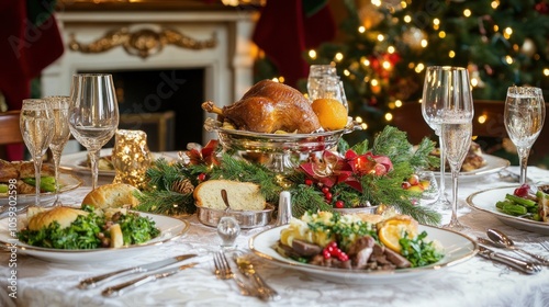 Festive Christmas dinner table setting with roasted turkey, side dishes, and Christmas decor.