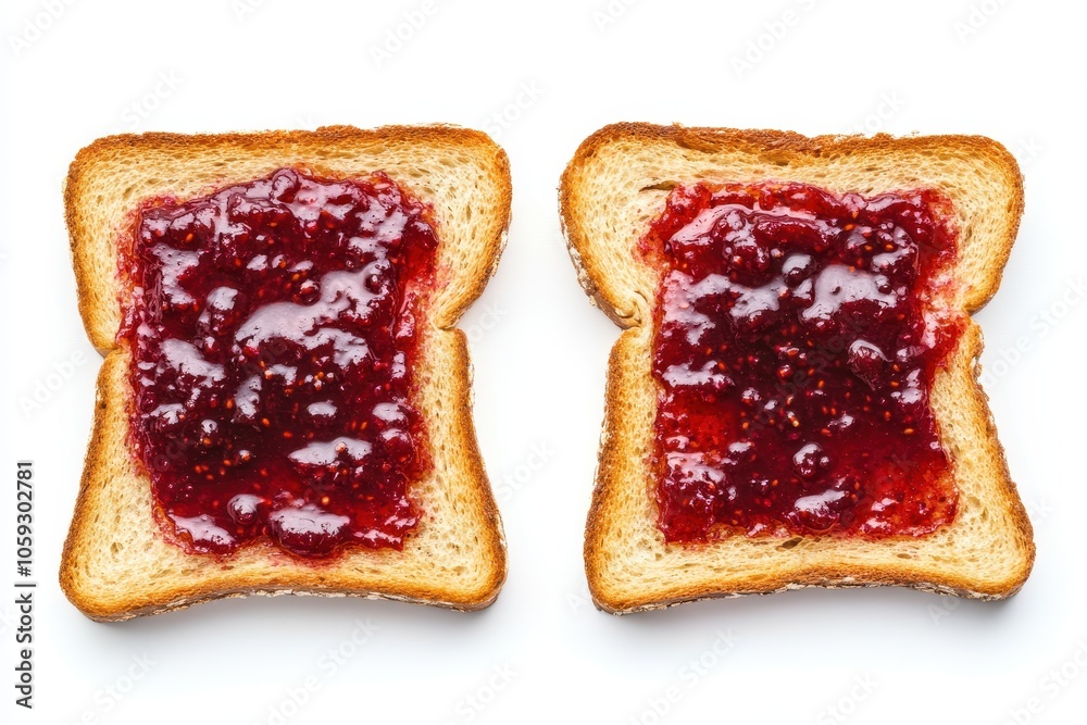 Toast with berry jam and peanut butter Overhead shot on white background