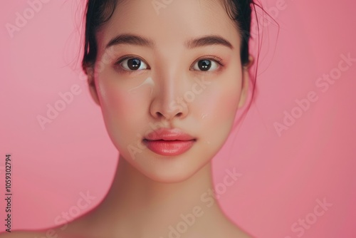 Beautiful Asian woman with clean skin in studio. Beauty care.