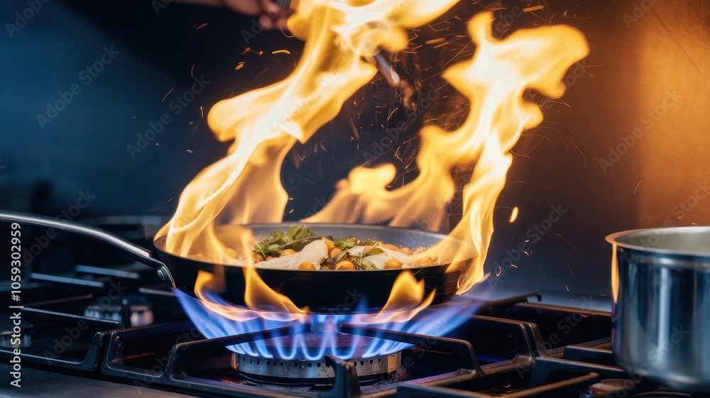 Food on Flaming Gas Stove in Professional Kitchen, No People Visible Food on Flaming Gas Stove in Professional Kitchen, No People Visible
