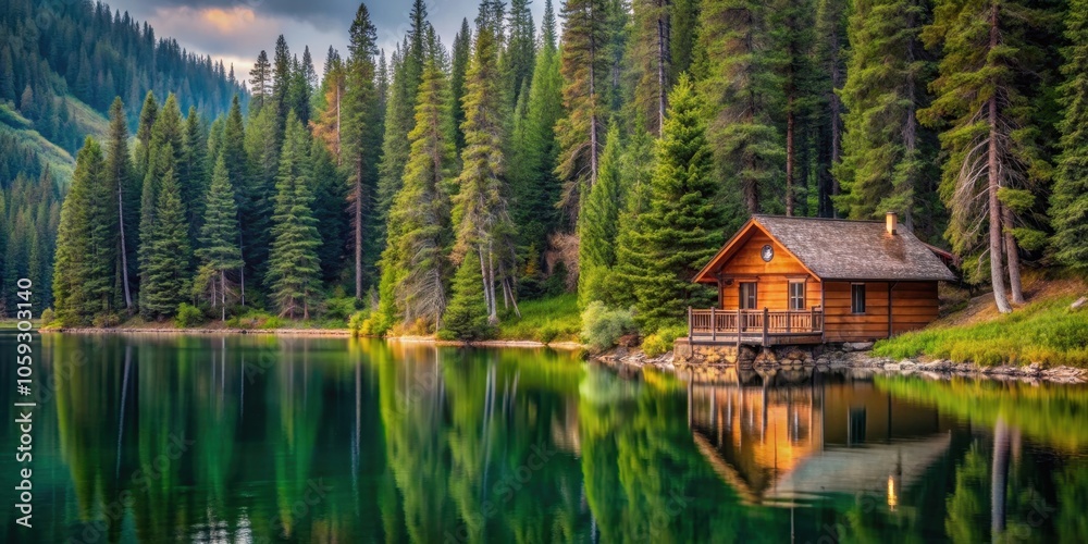 Fototapeta premium Cozy cabin nestled among pine trees by the tranquil lake shore, cabin, pine trees, forest, lake, nature, serene, peaceful