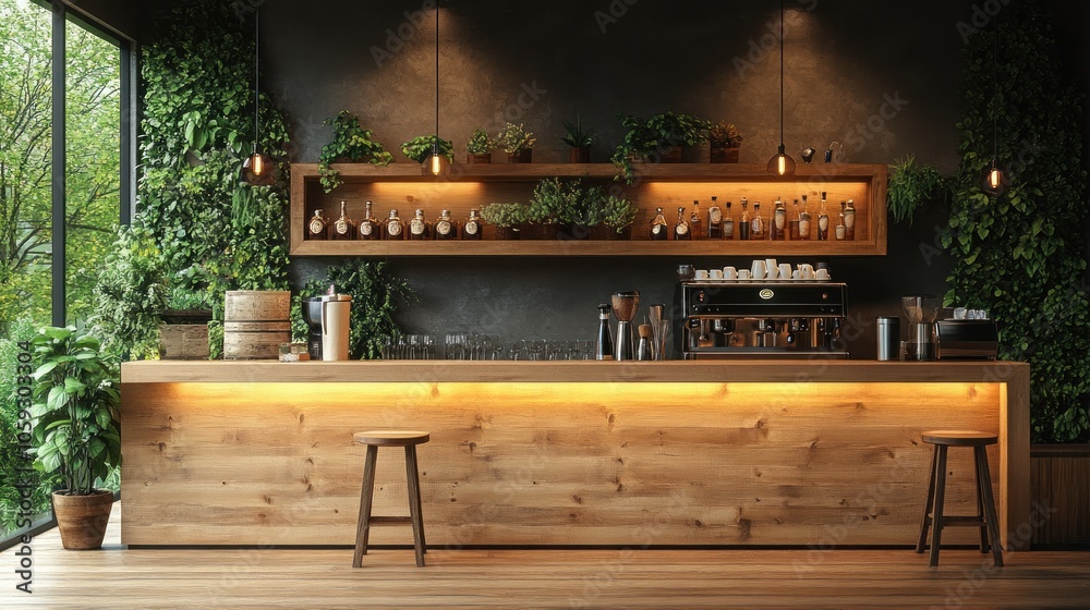 A modern, wooden bar counter with a green wall behind it. There are two bar stools in front of the counter, and a window behind the bar. A modern, wooden bar counter with a green wall behind it. There are two bar stools in front of the counter, and a window behind the bar.