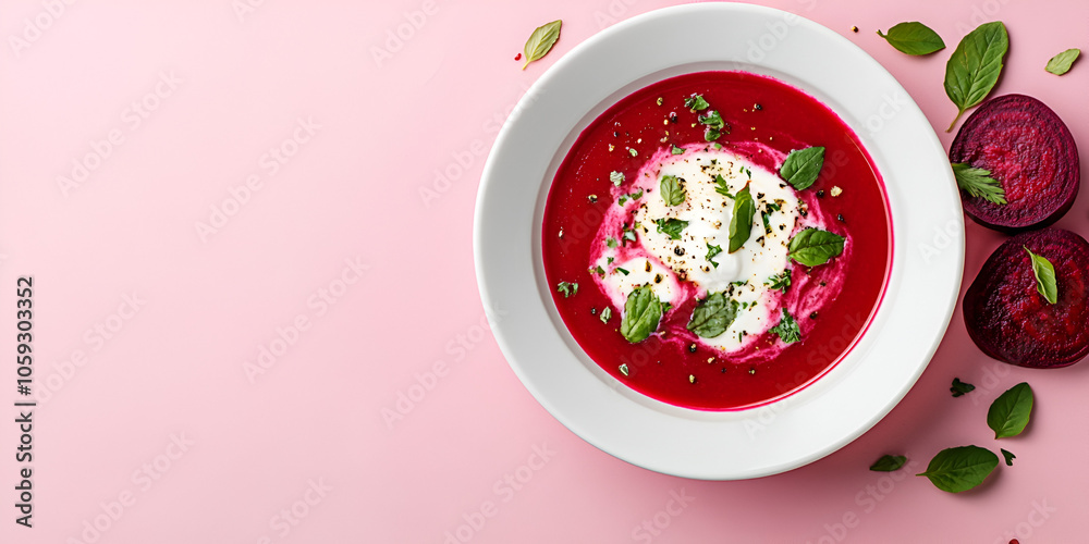 Healthy Beetroot Soup Garnished with Cream and Mint Healthy Beetroot Soup Garnished with Cream and Mint