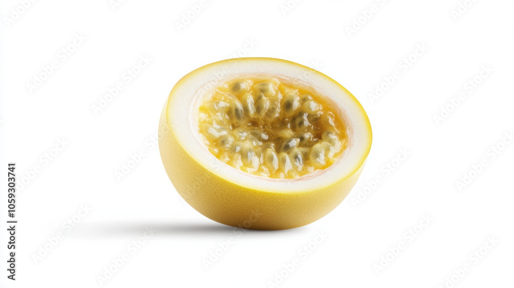 juicy passionfruit cut open, revealing its seeds and vibrant yellow flesh juicy passionfruit cut open, revealing its seeds and vibrant yellow flesh