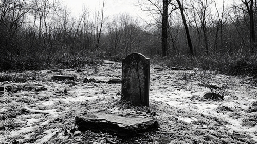 An abandoned cemetery with a single, broken gravestone in the center.