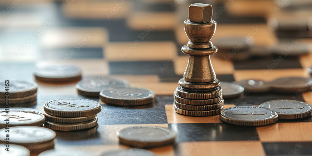 Chess King on a Board with Stacked Coins Concept Chess King on a Board with Stacked Coins Concept