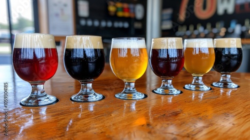 A close-up of a flight of craft beers, showcasing the different colors and textures in each glass, from pale ales to dark stouts, with foam heads glistening.