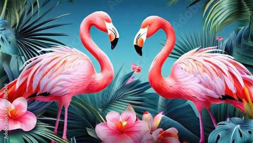 Two vibrant flamingos in a tropical setting surrounded by lush foliage and flowers.