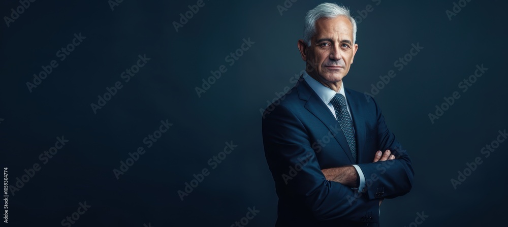 Senior Businessman in Formal Suit Posed Confidently Against Deep Navy Background Senior Businessman in Formal Suit Posed Confidently Against Deep Navy Background