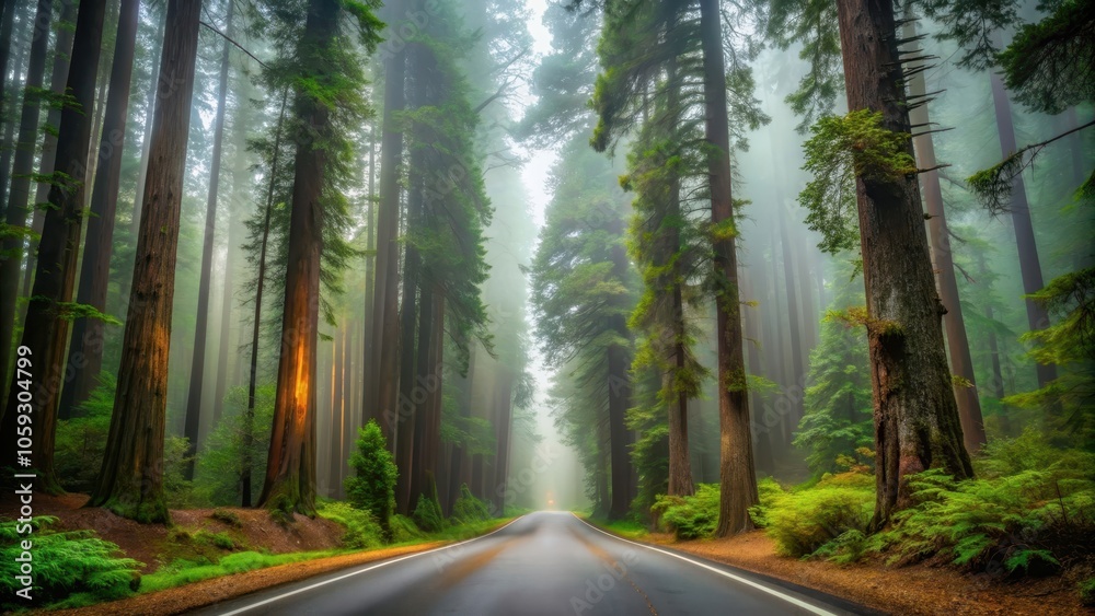 Obraz premium Foggy redwood highway with towering trees and misty ambiance, Redwoods, Highway, Foggy, Misty, Atmosphere, Travel, Scenic