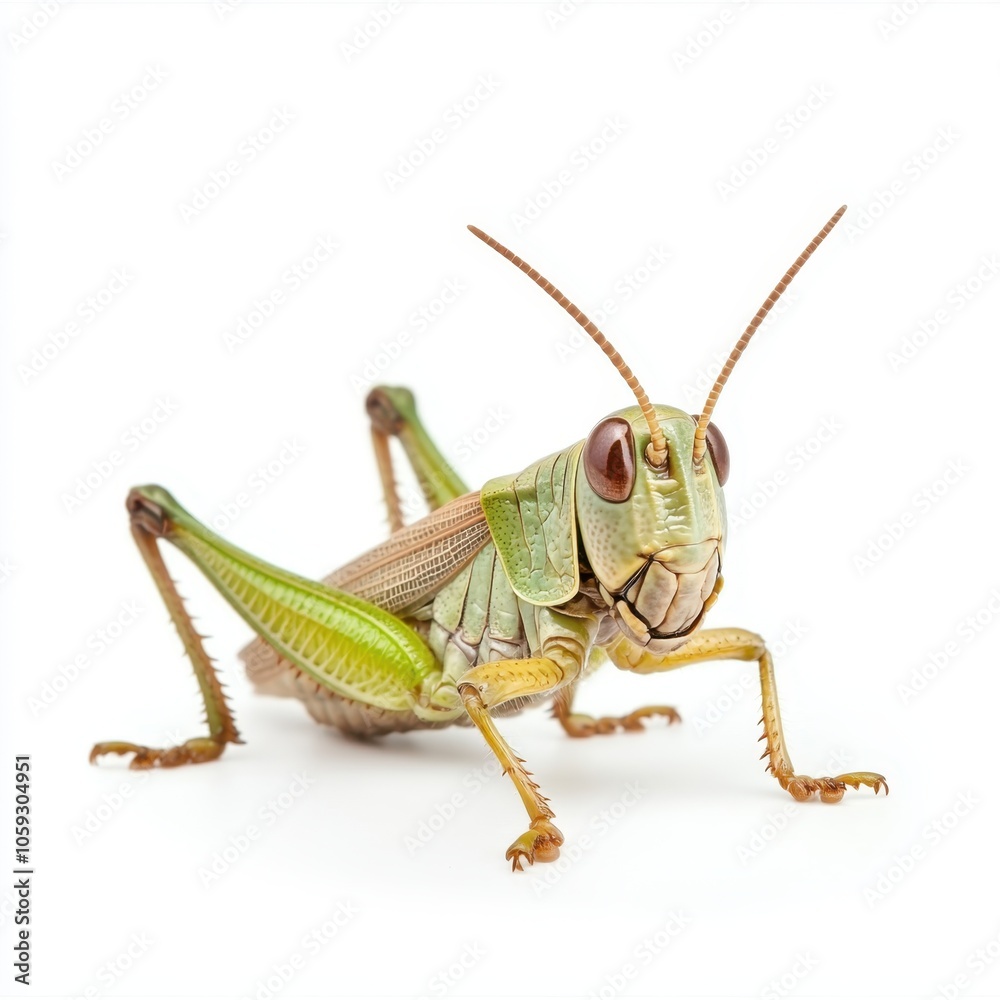 A close-up image of a vibrant green grasshopper perched on a white surface, showcasing its detailed features and large eyes. A close-up image of a vibrant green grasshopper perched on a white surface, showcasing its detailed features and large eyes.