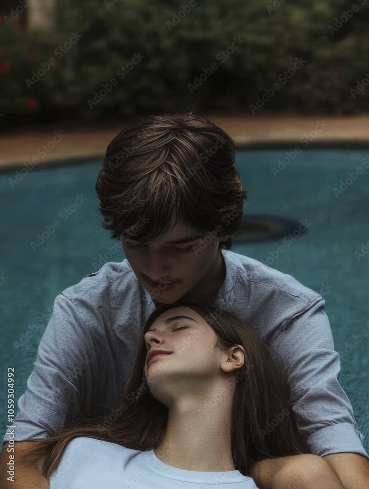 A man lovingly embraces a woman lying by a pool A man lovingly embraces a woman lying by a pool