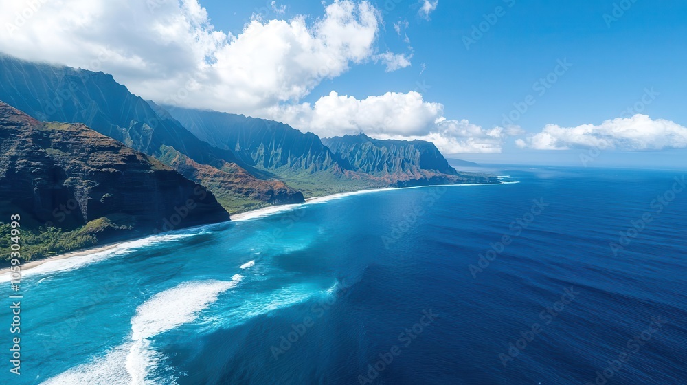 Coastal mountain range with ocean waves crashing below, aerial view, rocky cliffs, mountain coastline, wild seascape, untamed nature Coastal mountain range with ocean waves crashing below, aerial view, rocky cliffs, mountain coastline, wild seascape, untamed nature