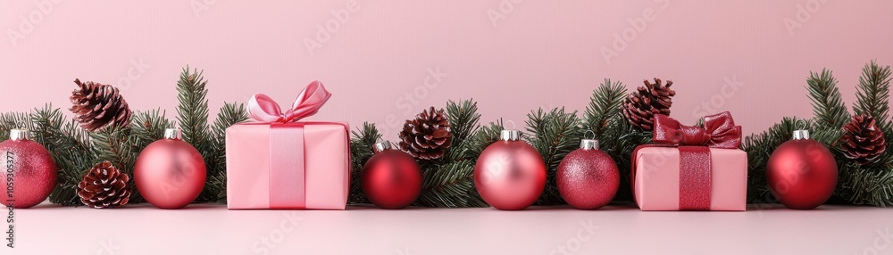 A festive arrangement of pink gifts, ornaments, and greenery against a soft pink background, perfect for the holiday season. A festive arrangement of pink gifts, ornaments, and greenery against a soft pink background, perfect for the holiday season.