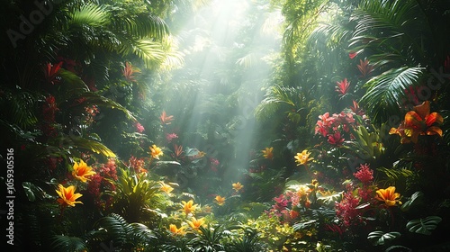 Sun rays illuminate a lush, tropical jungle with vibrant flowers and verdant foliage.